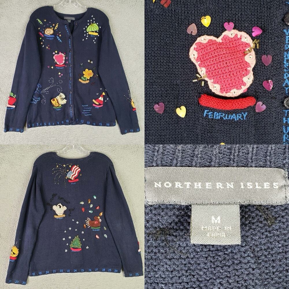 Vtg Northern Isles Cardigan Sweater Blue Embroidered Teacher Calendar Medium